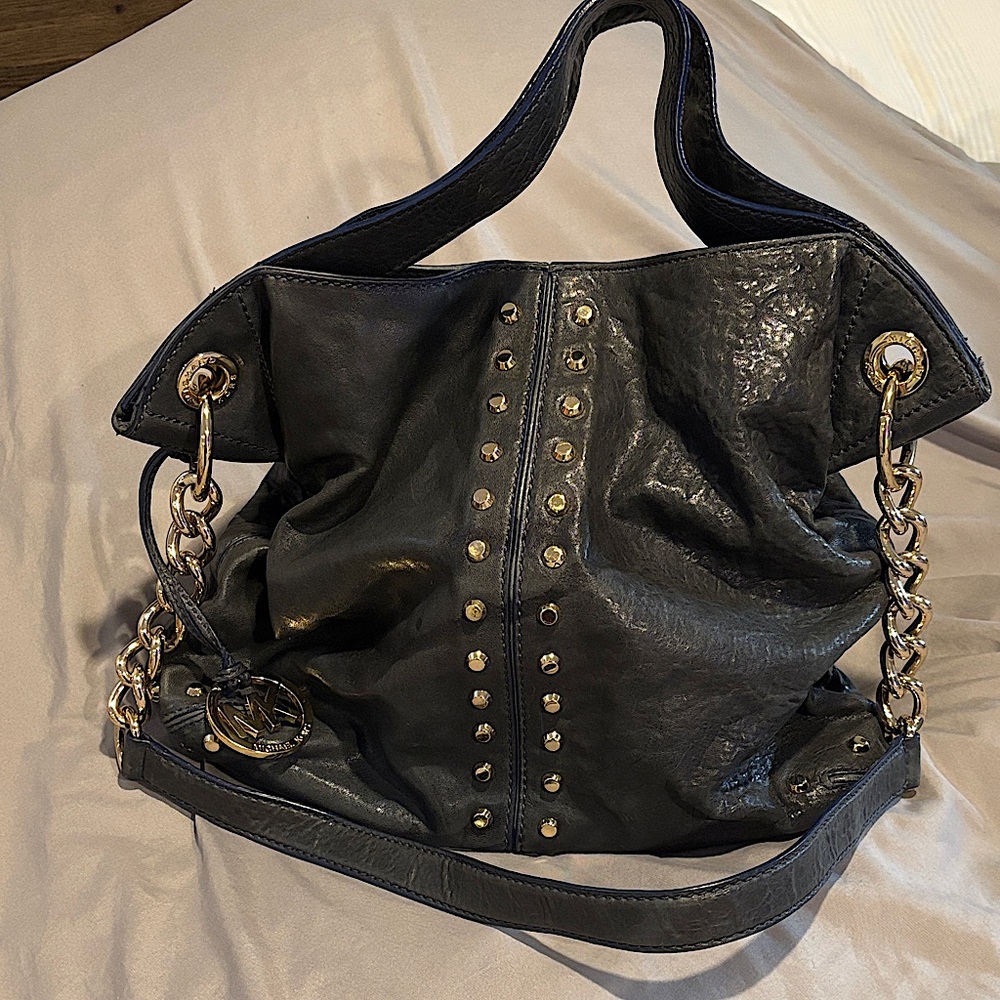 Michael Kors Navy Uptown Astor Tortuga Studded Hobo Bag